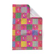 3" PATCHWORK ANIMALS CHEATERQUILT ON PINK WATERMELON RED CHECKERBOARD