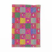 3" PATCHWORK ANIMALS CHEATERQUILT ON PINK WATERMELON RED CHECKERBOARD