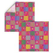 3" PATCHWORK ANIMALS CHEATERQUILT ON PINK WATERMELON RED CHECKERBOARD