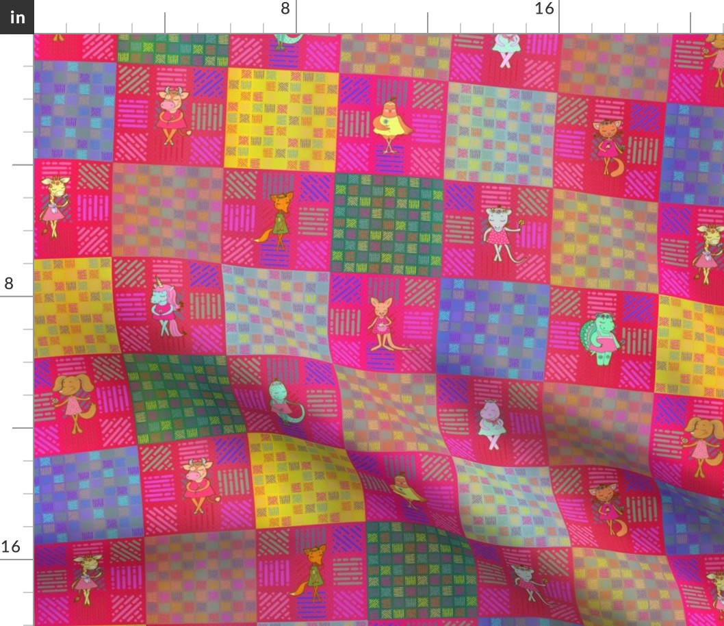 3" PATCHWORK ANIMALS CHEATERQUILT ON PINK WATERMELON RED CHECKERBOARD