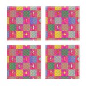 2" PATCHWORK ANIMALS CHEATERQUILT ON PINK WATERMELON RED CHECKERBOARD