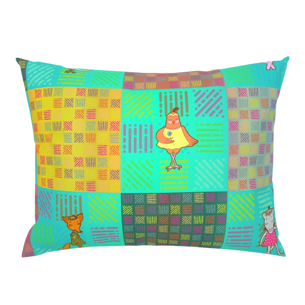 9" PATCHWORK ANIMALS CHECKERBOARD ON AQUA CHEATERQUILT