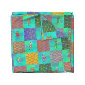 6" PATCHWORK ANIMALS CHEATERQUILT  ON AQUA CHECKERBOARD