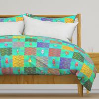 6" PATCHWORK ANIMALS CHEATERQUILT  ON AQUA CHECKERBOARD