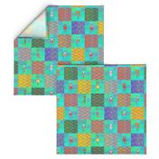 3" PATCHWORK ANIMALS CHEATERQUILT  ON AQUA CHECKERBOARD