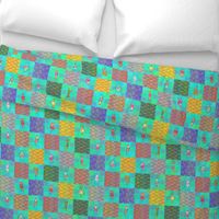 3" PATCHWORK ANIMALS CHEATERQUILT  ON AQUA CHECKERBOARD