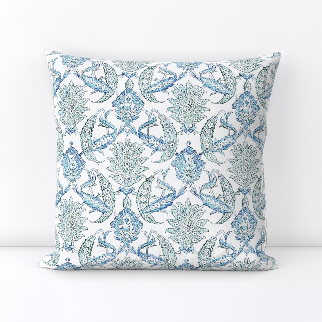 Jacobean Floral Block Print linen Blue Green Mist