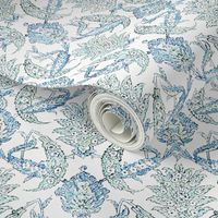 Jacobean Floral Block Print linen Blue Green Mist