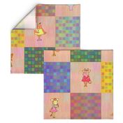 9" PATCHWORK ANIMALS CHECKERBOARD ON TEXTURED CORAL CHEATERQUILT