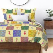 9" PATCHWORK ANIMALS CHECKERBOARD ON BUTTER YELLOW CHEATERQUILT