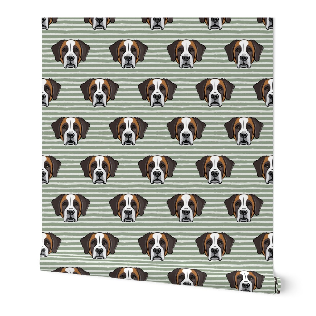 St Bernard - dog fabric on sage stripes