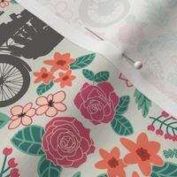Vintage Motorcycle on Carnation & Cranberry Floral // Small