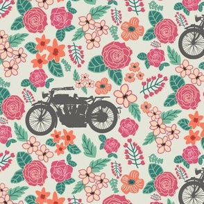 Vintage Motorcycle on Carnation & Cranberry Floral // Small