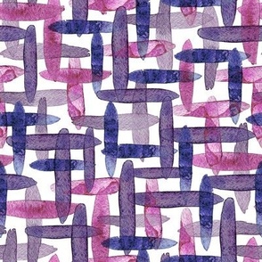 Watercolor abstract checkered blue purple cross-hatching brush strokes on white background