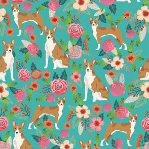basenji florals pure breed dog fabric  turquoise