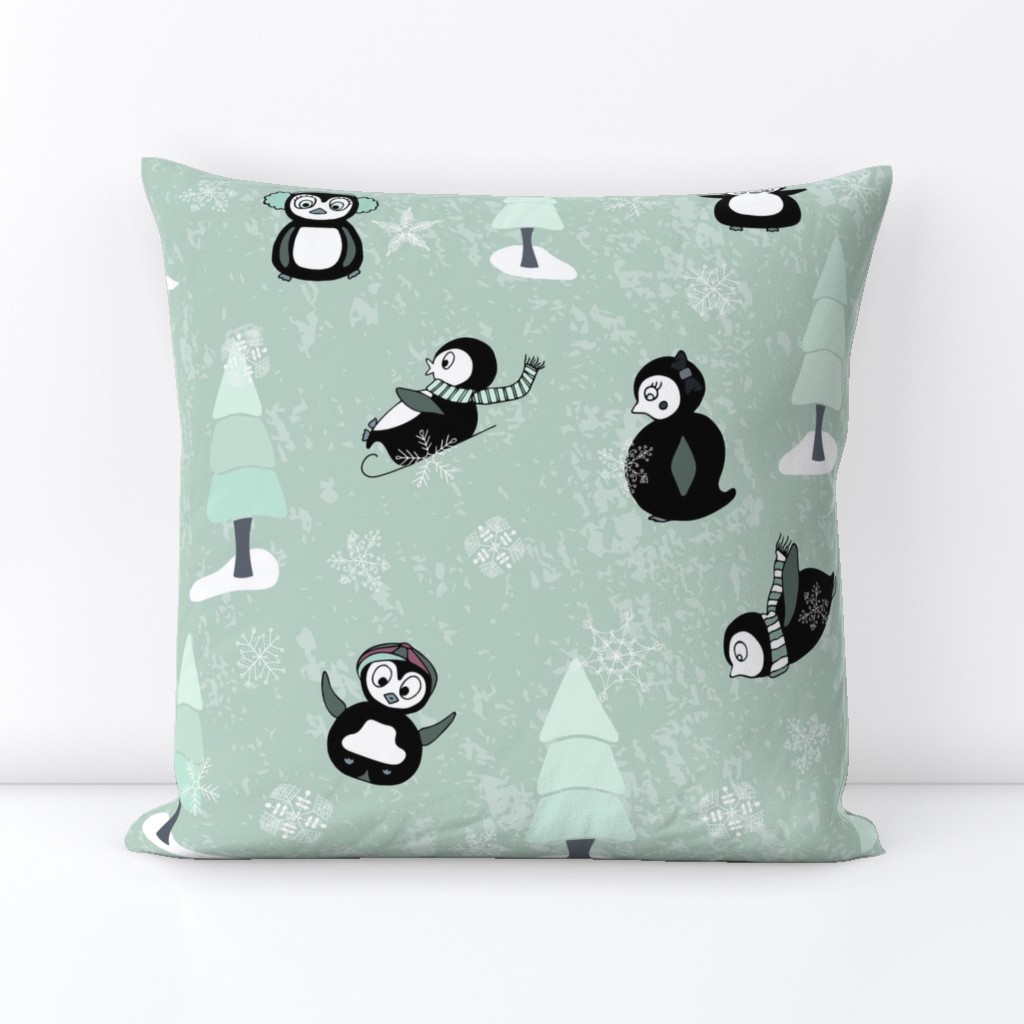 Playful Penguins on Mint Green