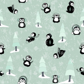 Playful Penguins on Mint Green