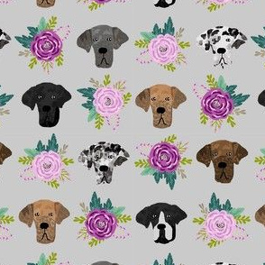 great dane floral fabric - dogs and florals fabric dog head - grey