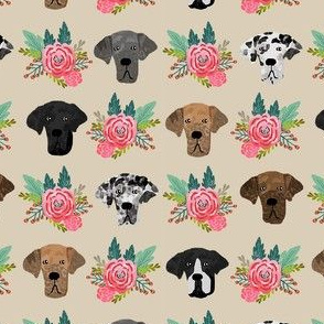 great dane floral fabric - dogs and florals fabric dog head - tan