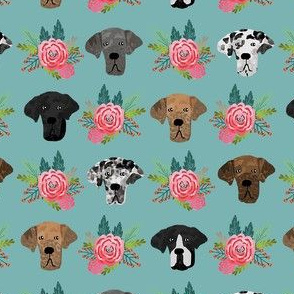 great dane floral fabric - dogs and florals fabric dog head - blue