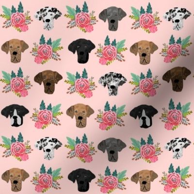 great dane floral fabric - dogs and florals fabric dog head - pink