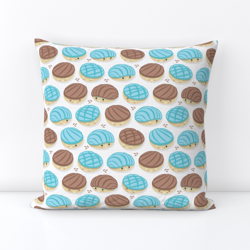 Small scale // Kawaii Mexican conchas // white background pastel blue & brown shells