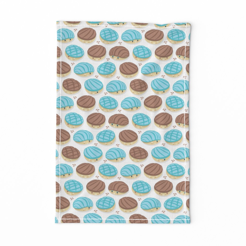 Small scale // Kawaii Mexican conchas // white background pastel blue & brown shells