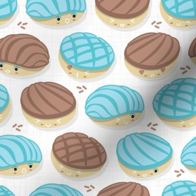 Small scale // Kawaii Mexican conchas // white background pastel blue & brown shells