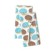 Small scale // Kawaii Mexican conchas // white background pastel blue & brown shells