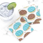 Small scale // Kawaii Mexican conchas // white background pastel blue & brown shells