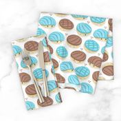 Small scale // Kawaii Mexican conchas // white background pastel blue & brown shells