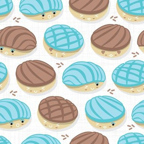 Small scale // Kawaii Mexican conchas // white background pastel blue & brown shells