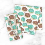 Small scale // Kawaii Mexican conchas // white background pastel green & brown shells