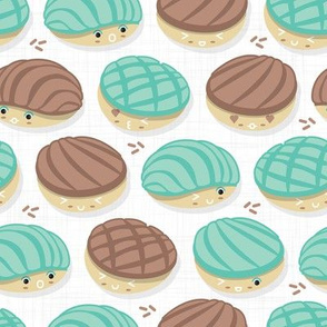 Small scale // Kawaii Mexican conchas // white background pastel green & brown shells