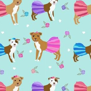 Pitbull tutus fabric - dogs and flowers, tutus, cute girly fabric - mint