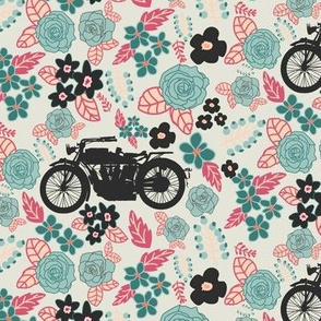 Vintage Motorcycle on Cabaret & Shadow Green Floral // Small