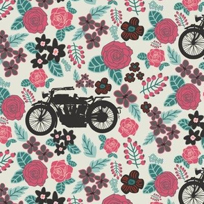 Vintage Motorcycle on Ming Green & Cranberry Floral // Small