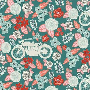 Vintage Motorcycle on Azalea & Morning Glory Floral // Small