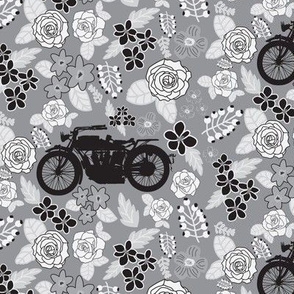 Vintage Motorcycle on Grey Floral // Small