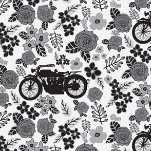 Vintage Motorcycle on Dark Grey Floral // Small
