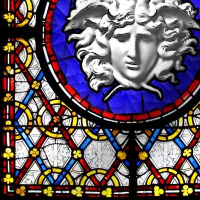 medusa baroque rococo church stained glass windows clovers interlinked criss cross interconnected connected cracked blue red yellow leaves leaf trellis gorgons greek Greece Rome roman mythology legends victorian   inspired  