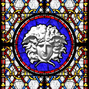 medusa baroque rococo church stained glass windows clovers interlinked criss cross interconnected connected cracked blue red yellow leaves leaf trellis gorgons greek Greece Rome roman mythology legends victorian   inspired  