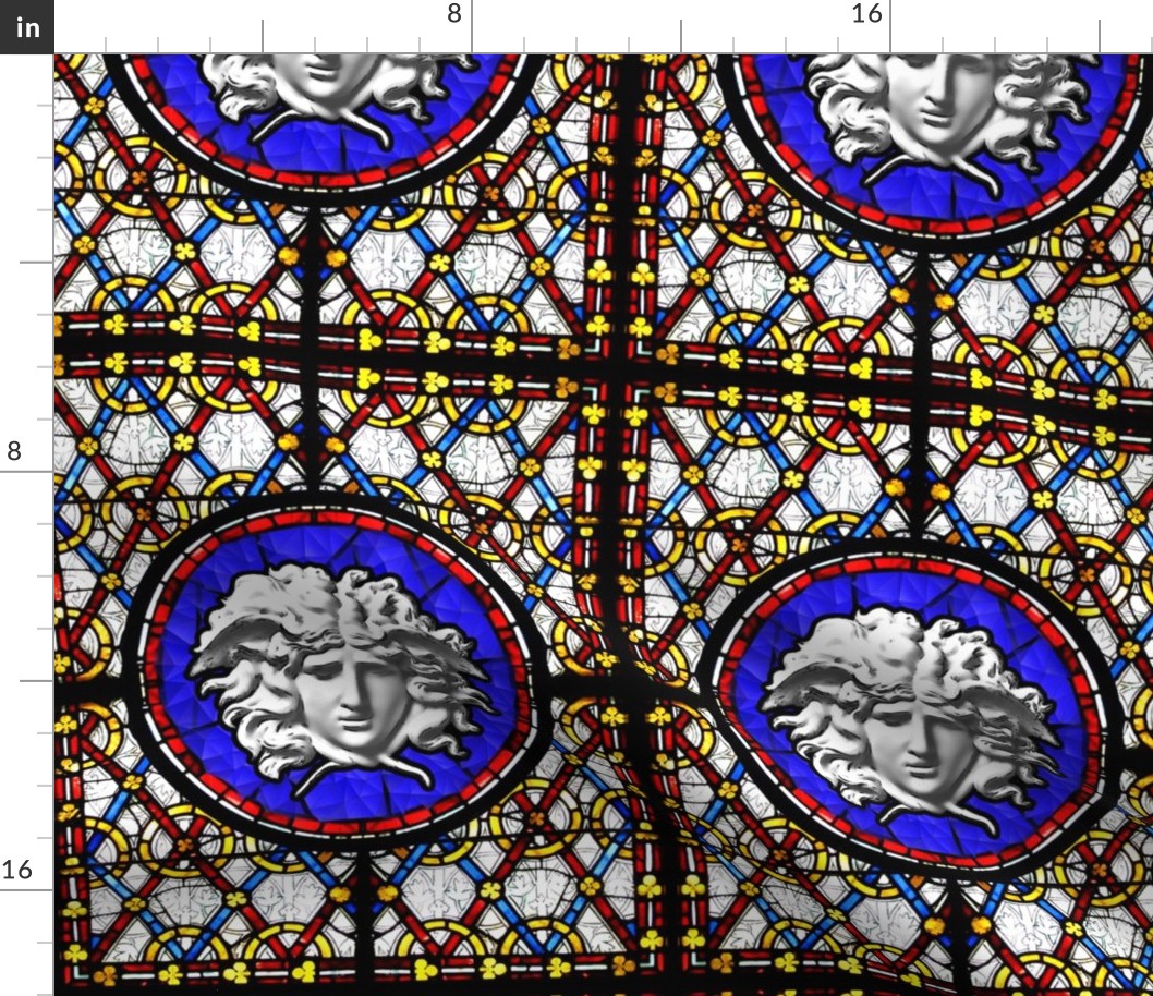 medusa baroque rococo church stained glass windows clovers interlinked criss cross interconnected connected cracked blue red yellow leaves leaf trellis gorgons greek Greece Rome roman mythology legends victorian   inspired  