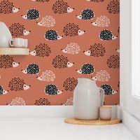 Scandinavian sweet hedgehog illustration for kids gender neutral autumn copper brown collection