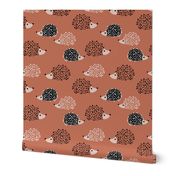 Scandinavian sweet hedgehog illustration for kids gender neutral autumn copper brown collection