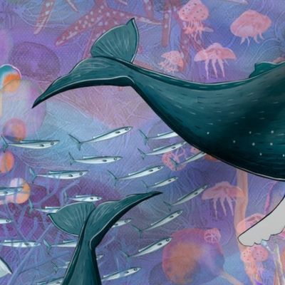 LARGE ELEGANT WHALES AQUATIC BALLET MAUVE OCEAN watercolor