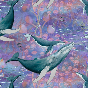 LARGE ELEGANT WHALES AQUATIC BALLET MAUVE OCEAN watercolor