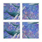 LARGE ELEGANT WHALES AQUATIC BALLET BLUE OCEAN watercolor