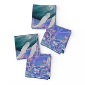 LARGE ELEGANT WHALES AQUATIC BALLET BLUE OCEAN watercolor