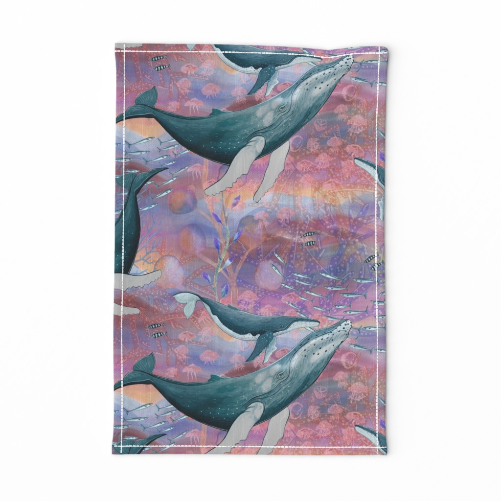 LARGE ELEGANT WHALES AQUATIC BALLET RAINBOW PINK OCEAN